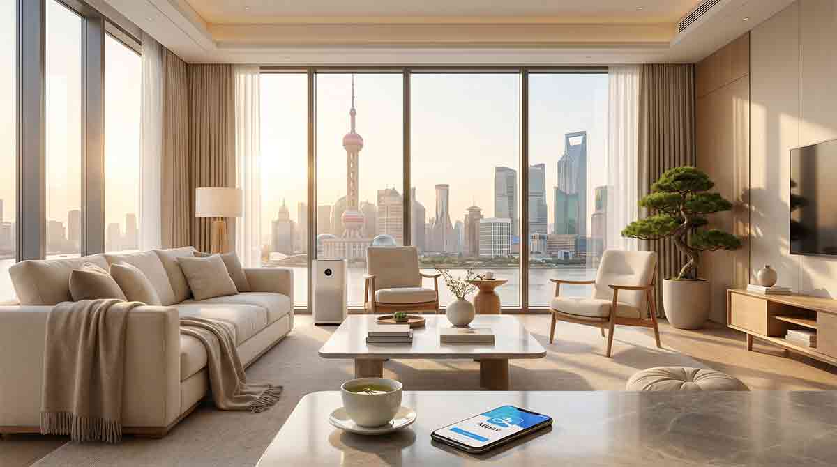 A luxurious and serene serviced apartment living room overlooking a modern Chinese city skyline, featuring a smartphone displaying a mobile payment interface, symbolizing comfortable recovery and easy local integration for global clients.