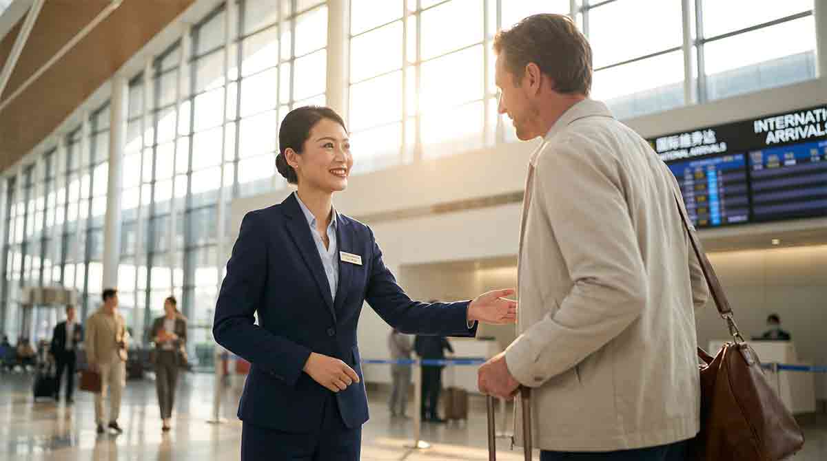 A professional bilingual medical concierge warmly welcoming an international traveler in a bright, modern arrival hall in China, representing stress-free on-ground support and seamless logistics.