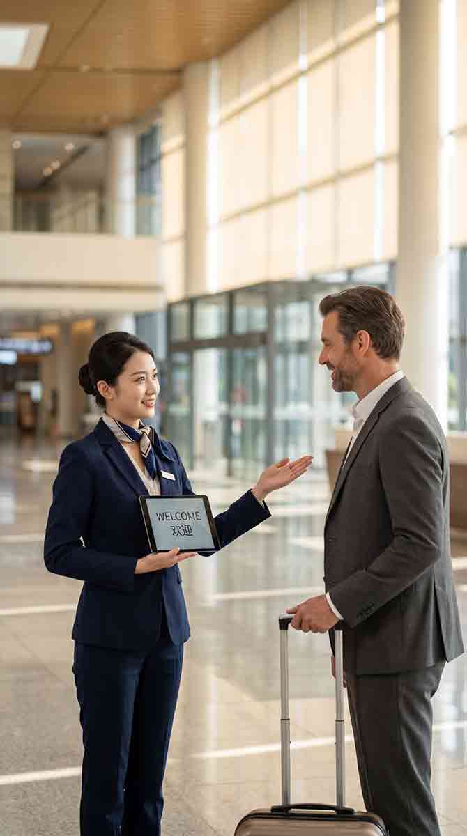 Professional medical concierge guiding a client through a modern facility