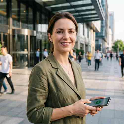 Portrait of Chloe Thompson, a confident family coordinator from Australia, holding a smartphone.