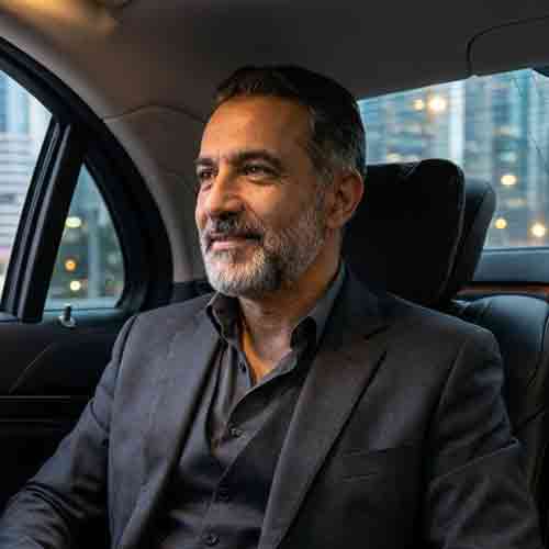 Portrait of Dr. Hassan Al-Fayed, a satisfied professional client from the UAE, inside a luxury vehicle.
