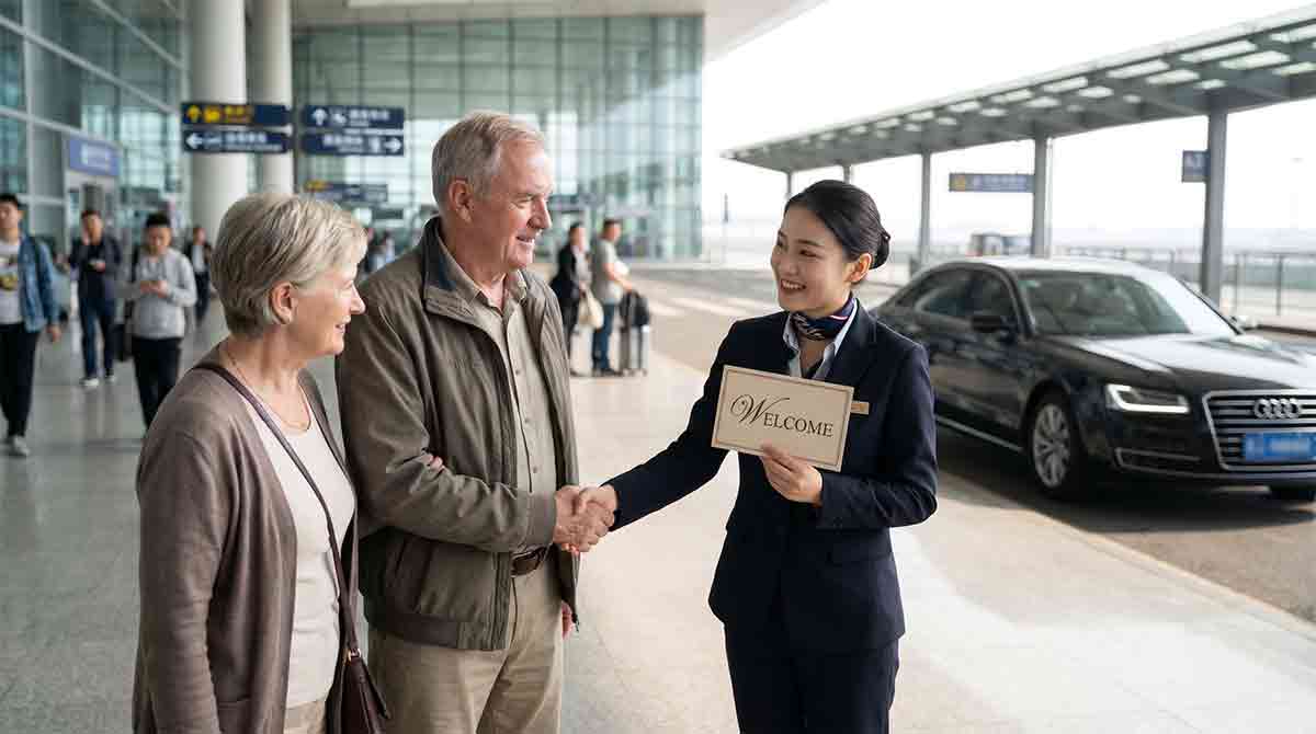 A friendly China Medical Portal concierge welcoming an international couple at a modern airport terminal in China.