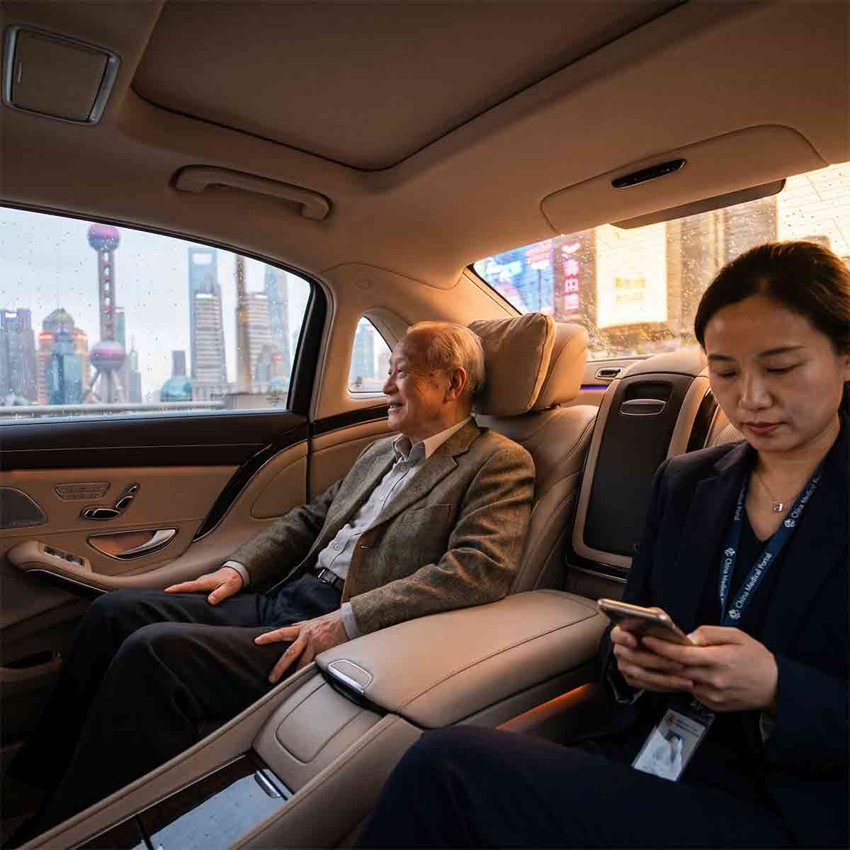 A medical traveler resting comfortably and stress-free in the back of a luxury transport vehicle in China.